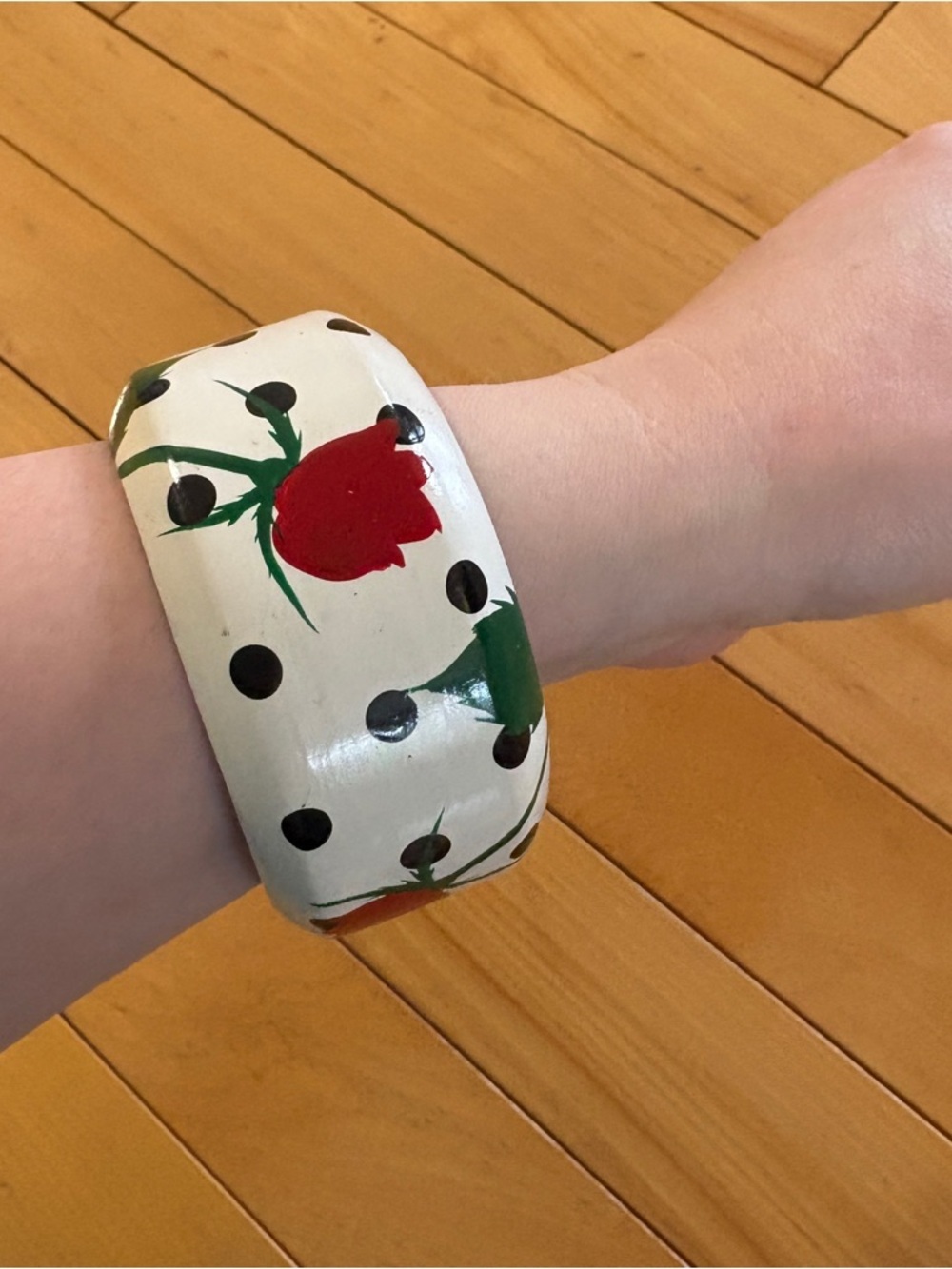 Vintage Bangle Bracelet Handmade Chunky Polka Dot white black roses